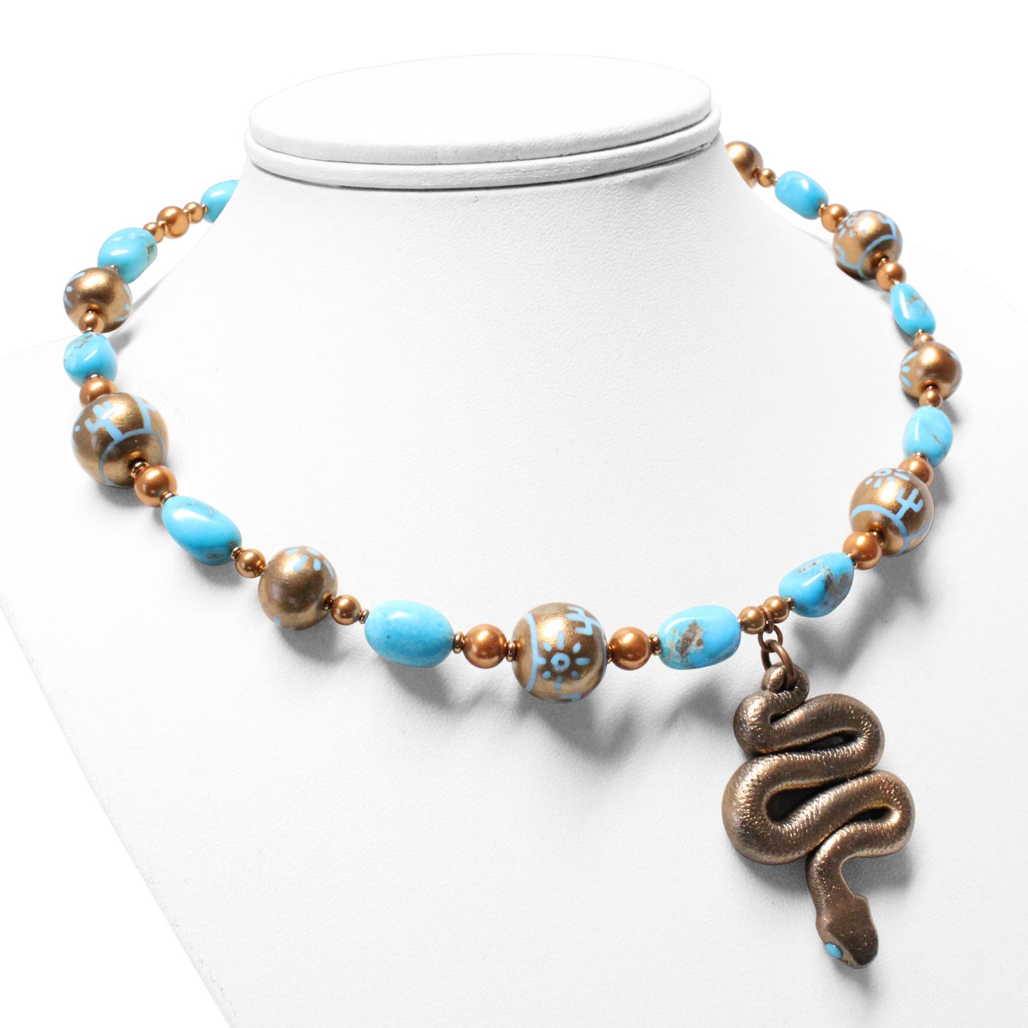 Turquoise Desert Scene Necklace / stabilized Nacozari turquoise / hand-painted snake pendant and beads