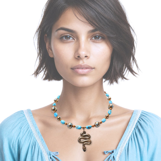 Desert Scene Necklace with Nacozari turquoise and snake pendant