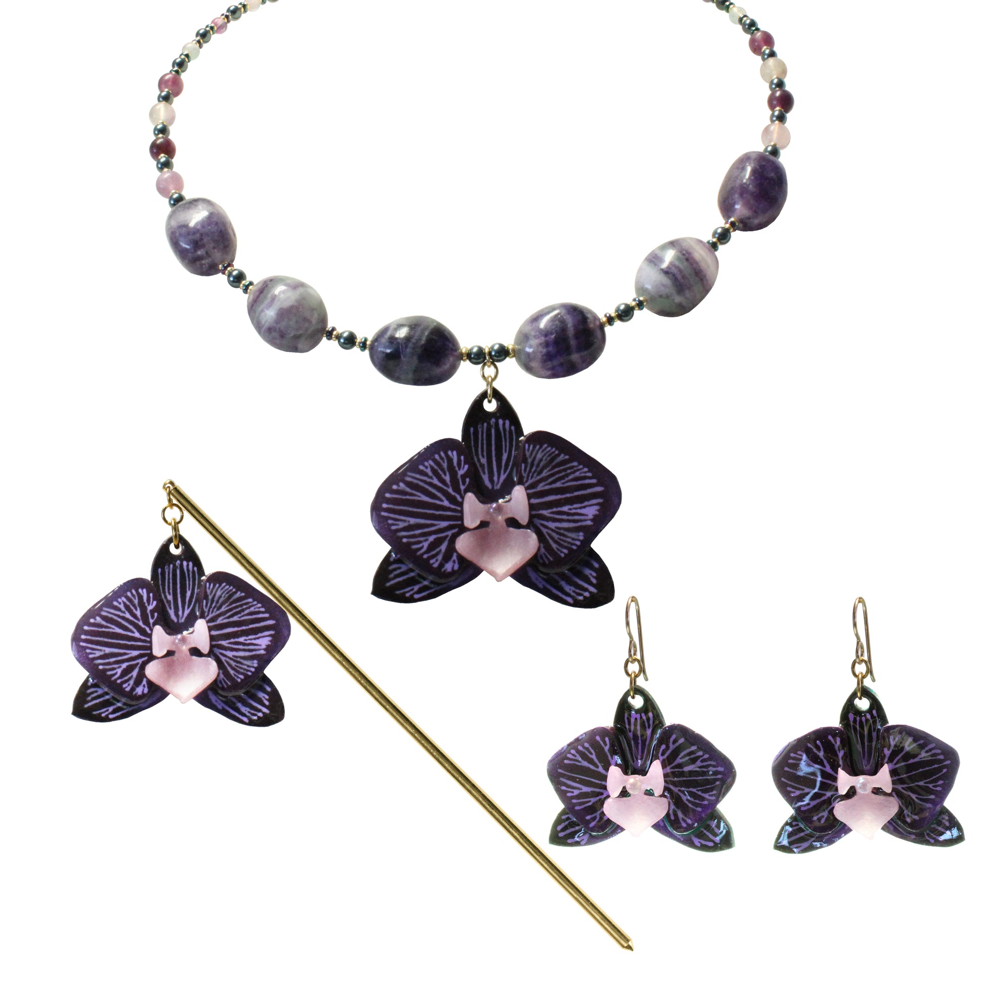 Purple Orchid Jewelry Set – Necklace, Hair Stick & Earrings