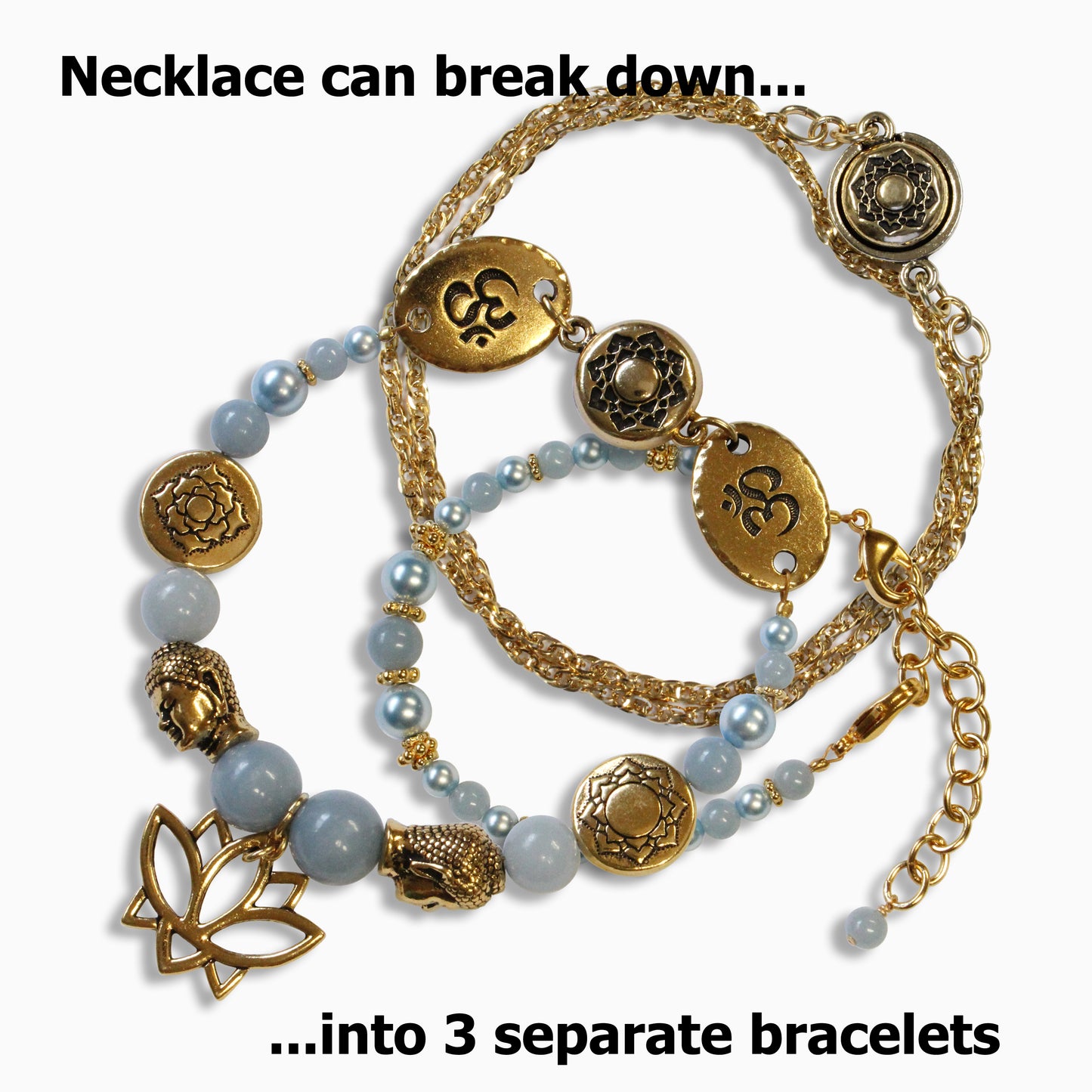 Lotus Spiritual Necklace / with angelite and magnetic clasps / convertible - can break down into 3 separate bracelets