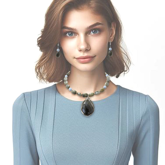 Model with Natural Labradorite Necklace and Earrings