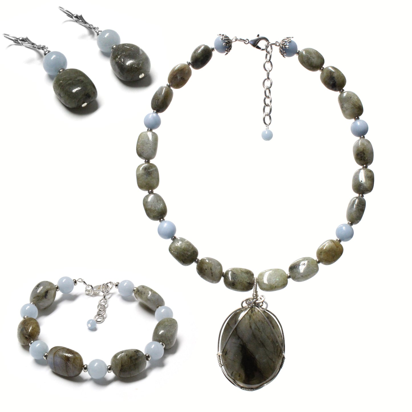 Natural Labradorite Pendant Necklace / pendant wrapped in silver wire / comes with matching bracelet, earrings