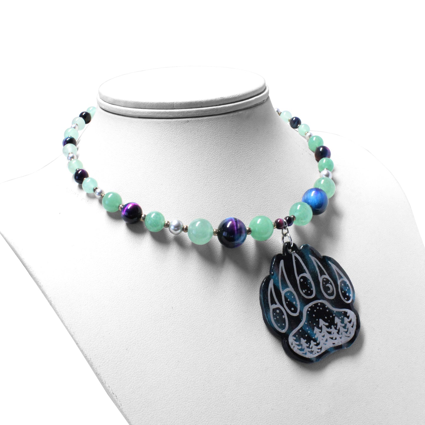 Night Forest Bear Paw Necklace / northern lights effect / with greens, purples and blues