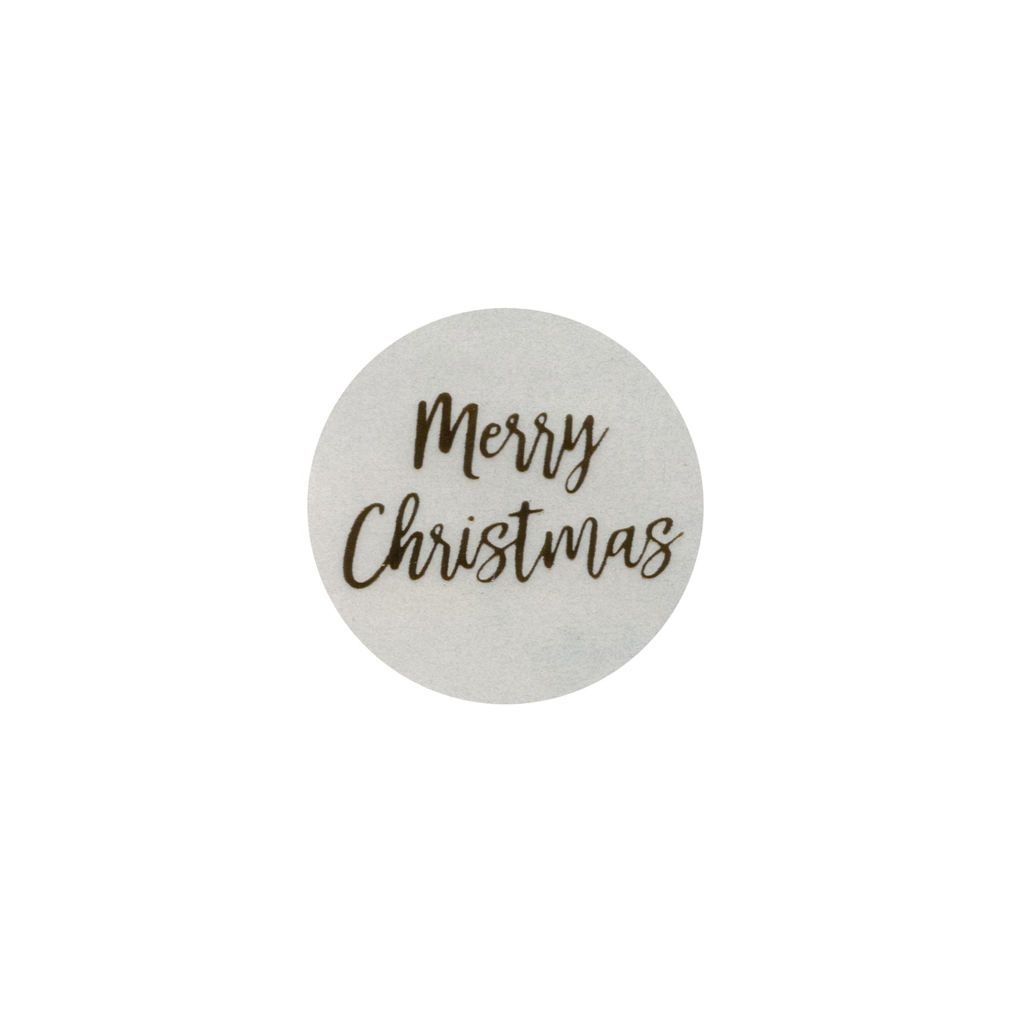 100 Merry Christmas Stickers / 25mm diameter / peel and stick / shiny gold lettering on a transparent vinyl background