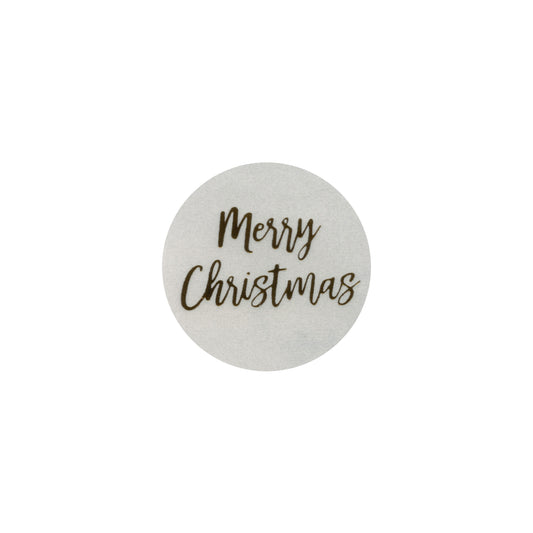 100 Merry Christmas Stickers / 25mm diameter / peel and stick / shiny gold lettering on a transparent vinyl background