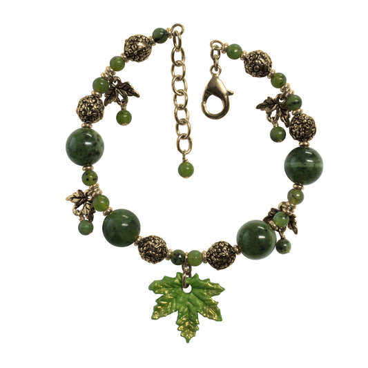 Maple Leaf Bracelet / 6.5 to 7.5 Inch wrist size / green serpentine with gold pewter charms