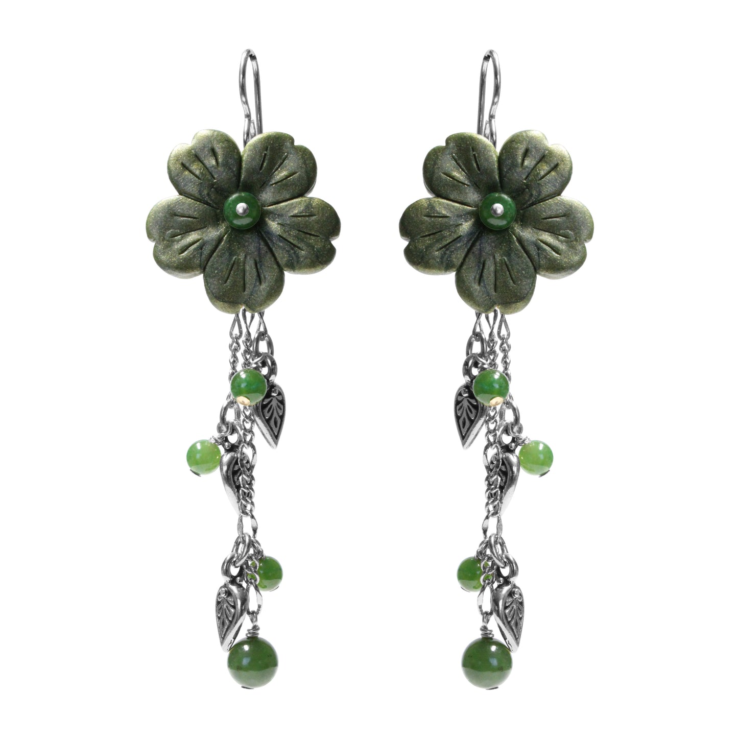 BC Jade Flower Cascade Earrings / 75mm length / with silver pewter charms and sterling silver earwires