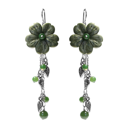 BC Jade Flower Cascade Earrings / 75mm length / with silver pewter charms and sterling silver earwires