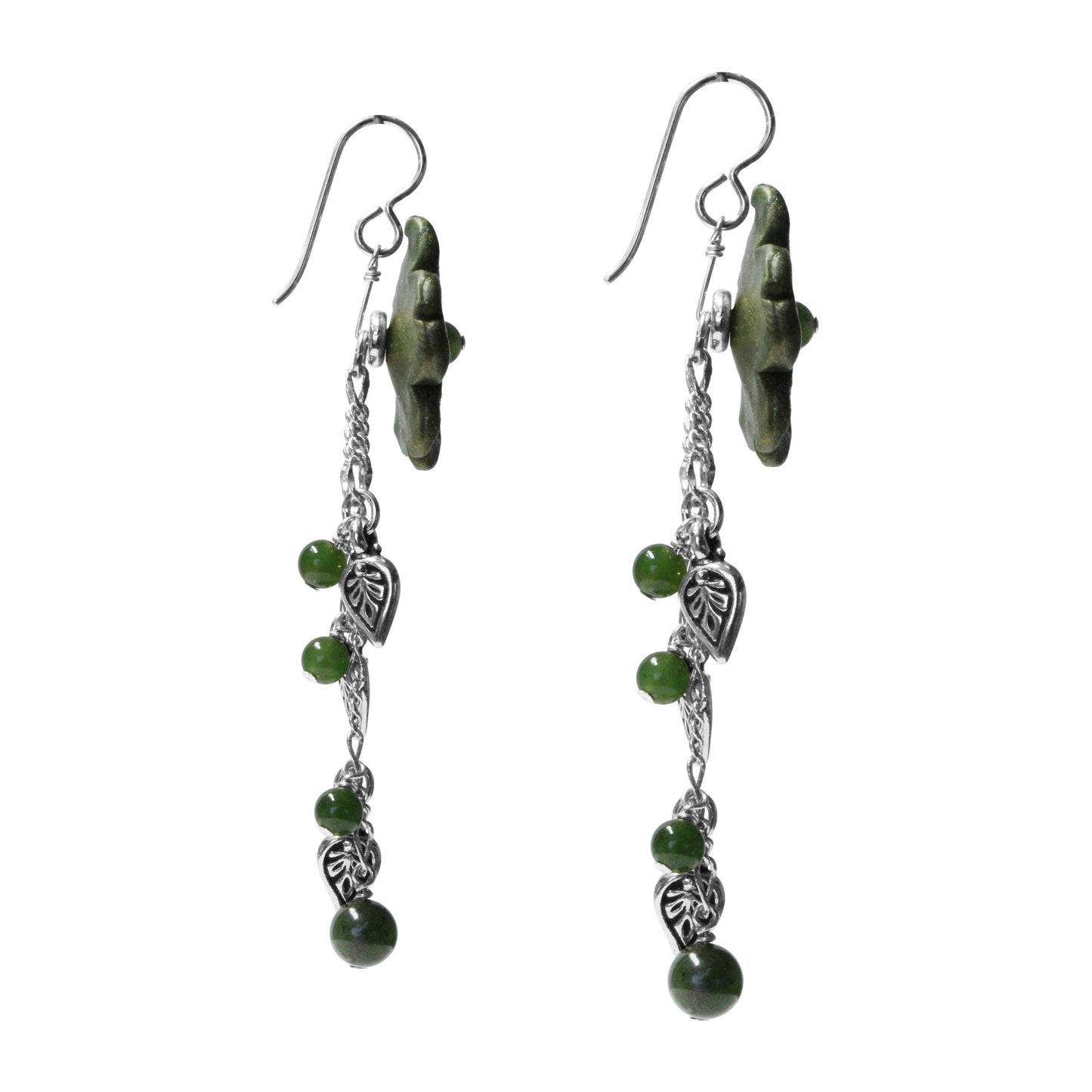 BC Jade Flower Cascade Earrings / 75mm length / with silver pewter charms and sterling silver earwires