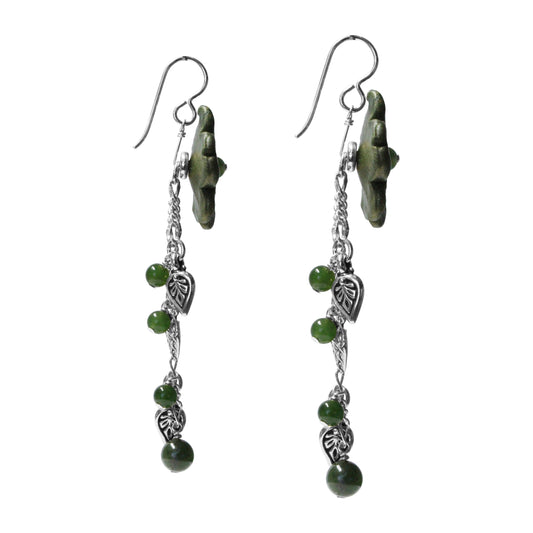 BC Jade Flower Cascade Earrings / 75mm length / with silver pewter charms and sterling silver earwires