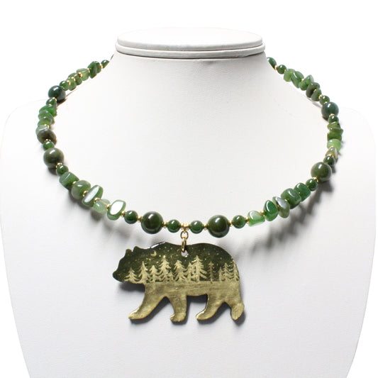 Artisan BC jade bear necklace with memory wire, nature-inspired jewelry