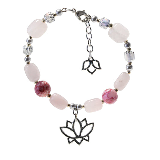 Lotus charm bracelet with rose quartz and pink agate beads, adjustable chain