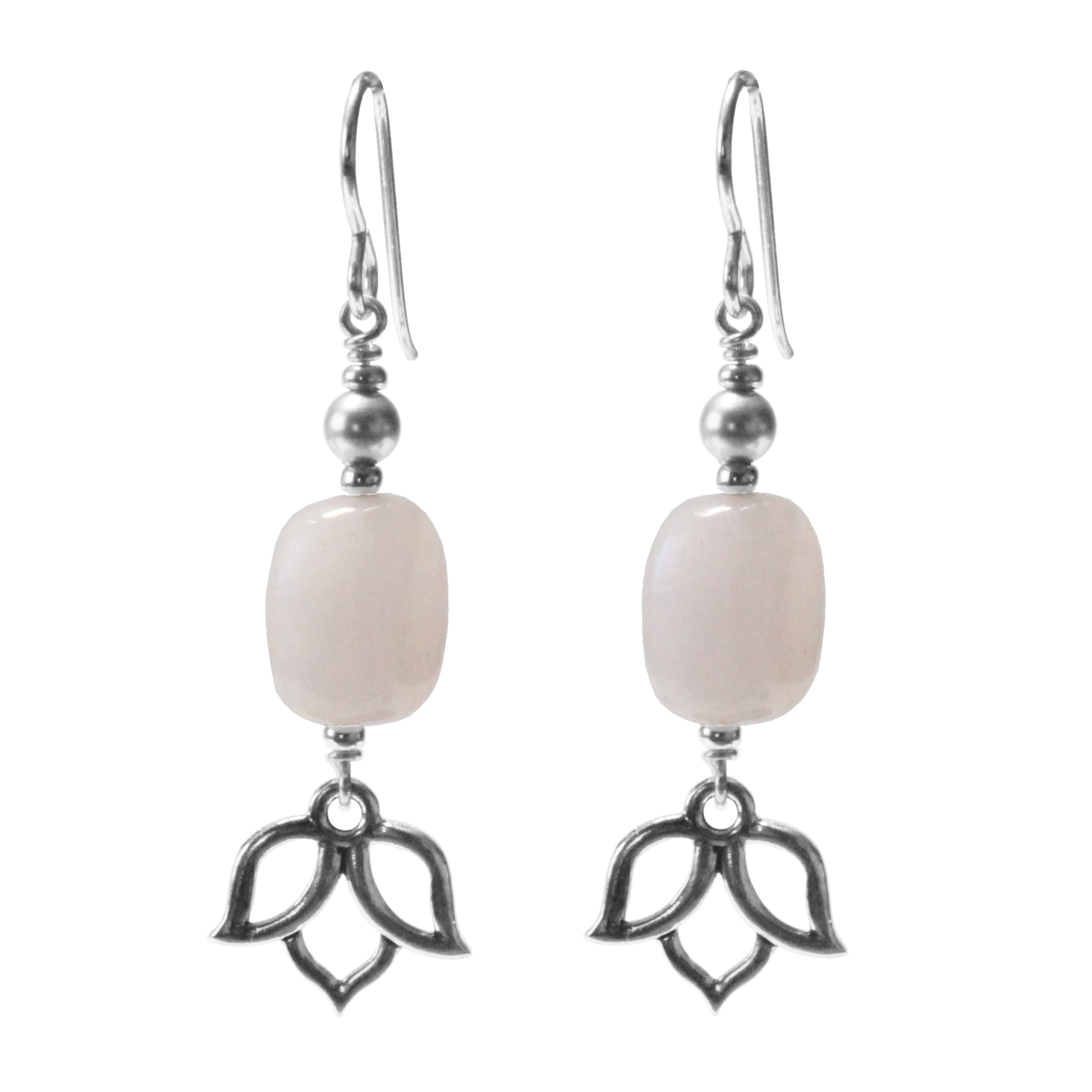 Delicate lotus earrings with rose quartz nugget beads and sterling silver hooks