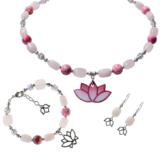 Lotus jewelry set with rose quartz and pink agate beads – necklace, bracelet, and earrings