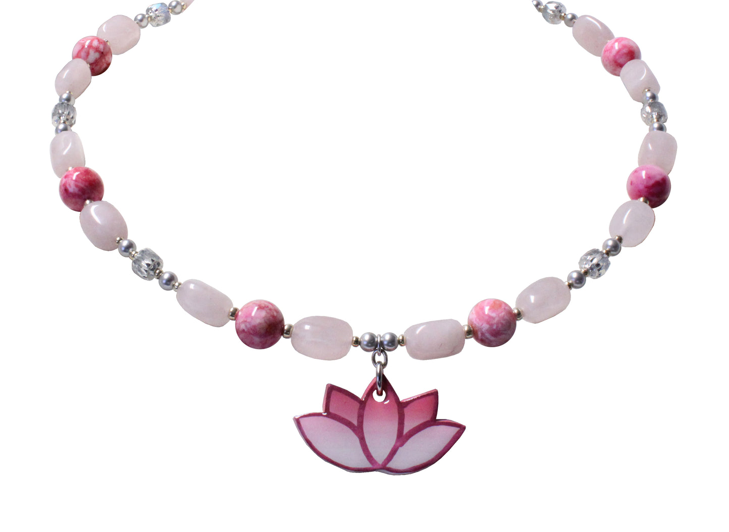 Handmade lotus necklace with rose quartz and pink agate gemstone beads
