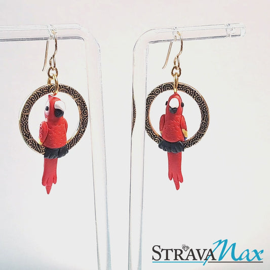 Tropical Macaw Parrot Earrings / 60mm length / red with yellow and blue tipped wings / gold filled earwires