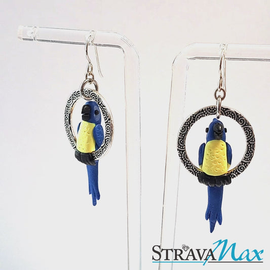 Tropical Macaw Parrot Earrings / 60mm length / blue with yellow / sterling silver earwires