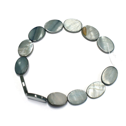 Flat Oval Grey Shell Beads / 13 Bead Strand / 16 long x 12 width x 3mm thk