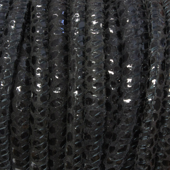 5mm BLACK SNAKE Print Stitched Suede Round Leather Cord / sold by the meter / Leather Cord USA