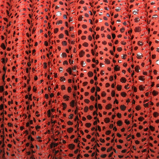 5mm RED PEBBLE Print Stitched Suede Round Leather Cord / sold by the meter / Leather Cord USA