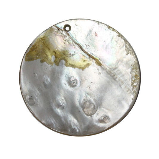 55mm Shell Round Pendant / hand painted purple white flowers on a silver grey background