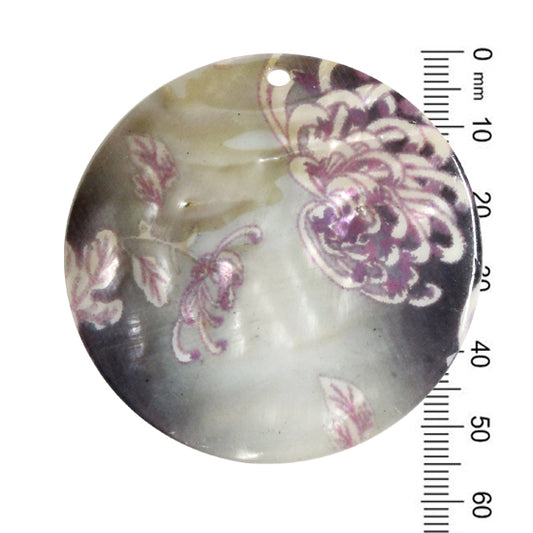 55mm Shell Round Pendant / hand painted purple white flowers on a silver grey background