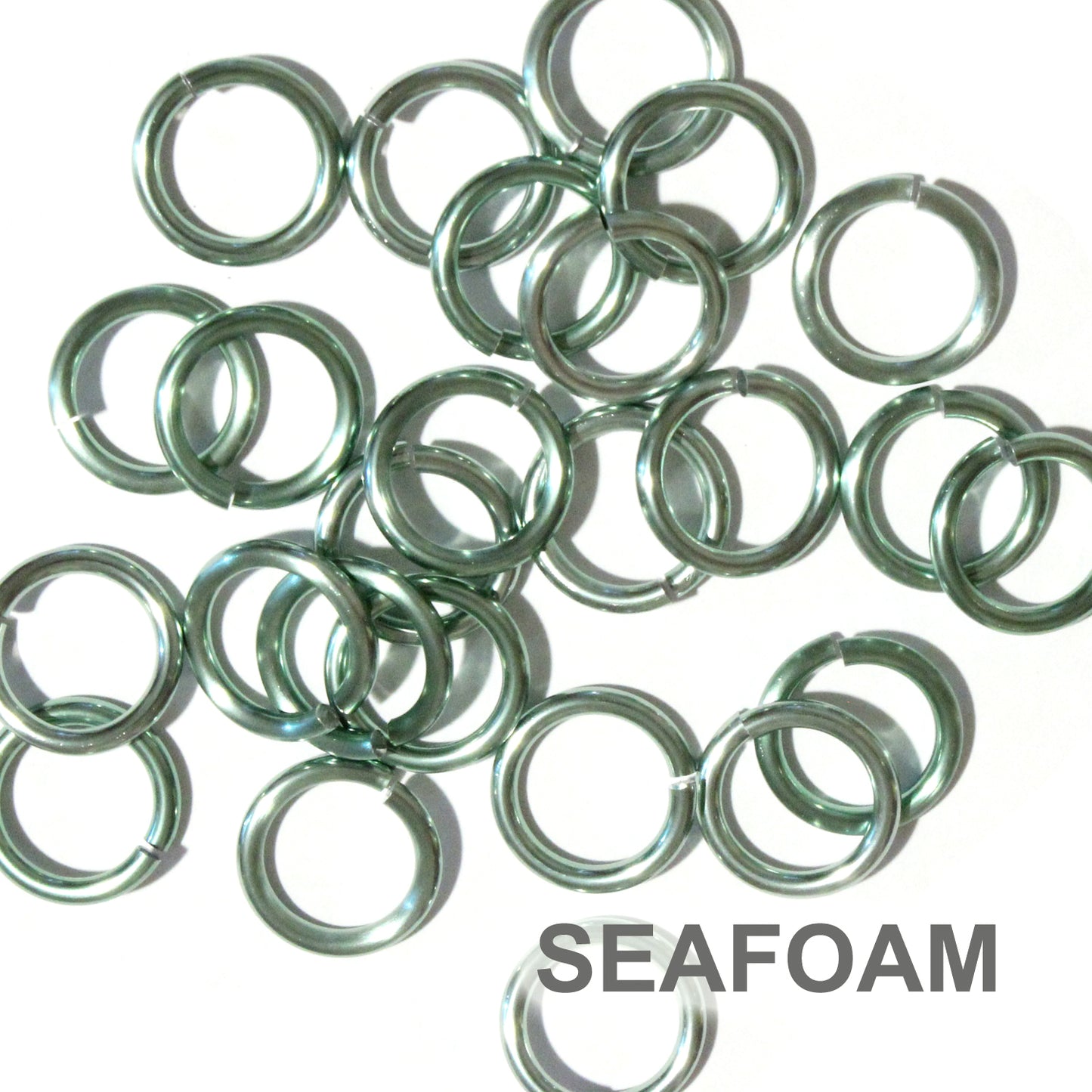 SHINY SEAFOAM GREEN 10mm 12 GA Jump Rings / 100 Pack / sawcut round open anodized aluminum