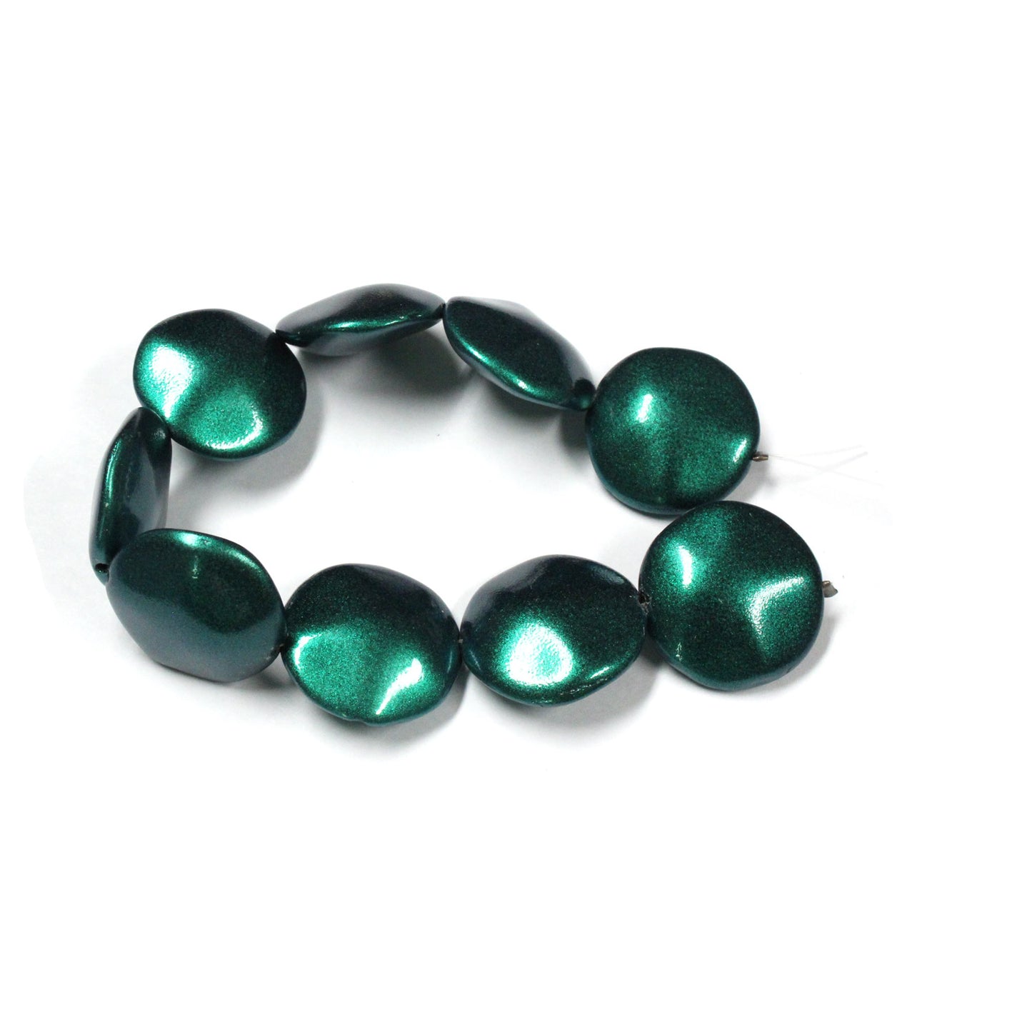 20mm Metallic Green Glass Coin Beads / 9 Bead Pack / irregular round puffed shape bead / Czech glass