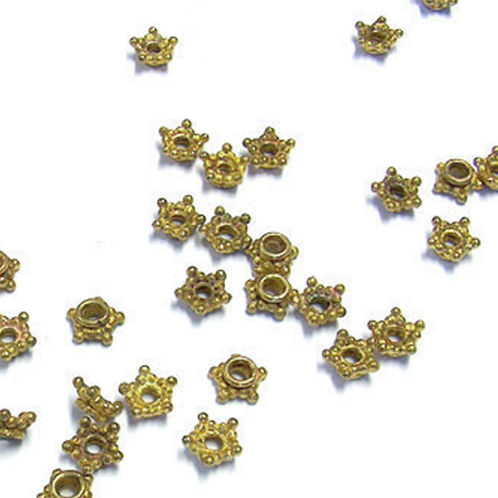 Star Spacer Bead Antique Brass / 4 long x 8mm diameter with 3mm thread hole / beaded concave five pointed star shape
