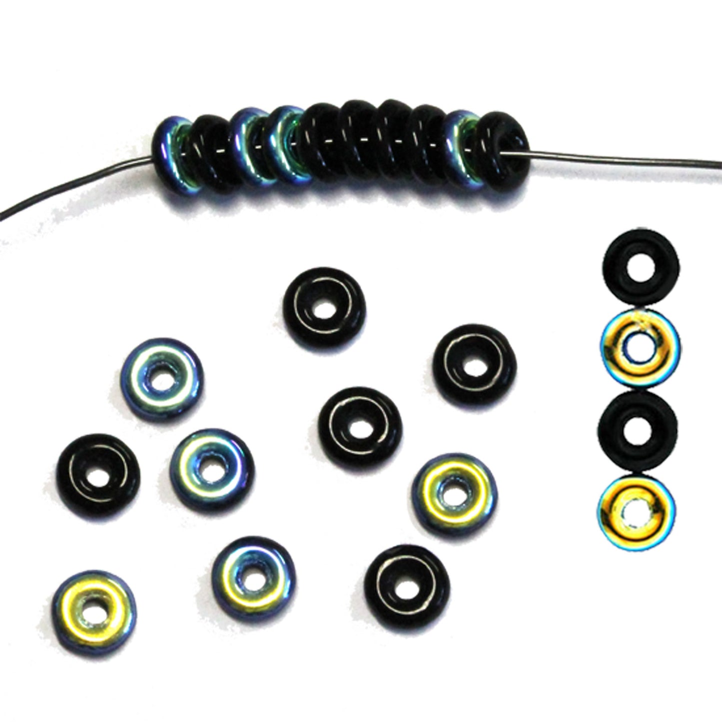 8mm Jet Black AB Donut Beads / 100 Pack / 8mm OD - 2mm hole ID / Czech glass