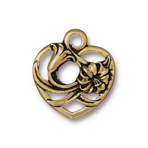 TierraCast Floral Heart Charm / pewter with antique gold finish