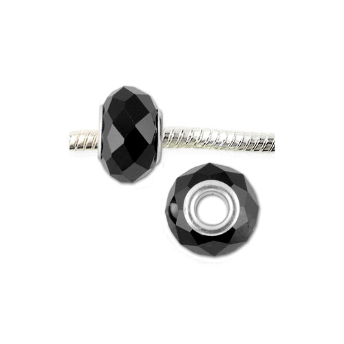 Jet Black Faceted Rondelle Bead / 6 Pack / Large Hole 4.5mm ID / Silver Plated Grommet