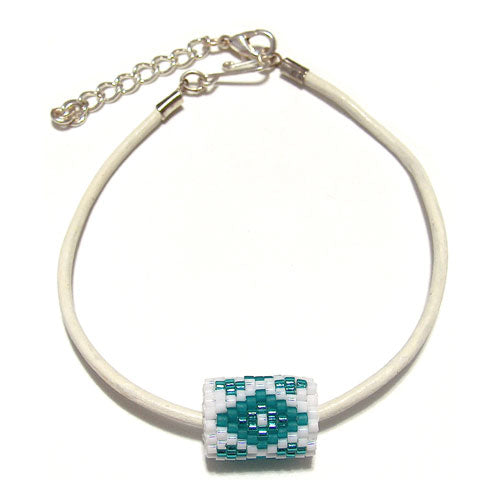15x11mm Teal Diamonds on White Peyote Stitch Tube Bead