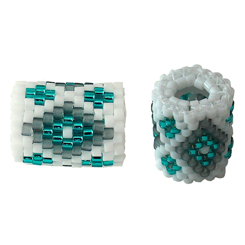 15x11mm Grey and Teal Diamonds on White Peyote Stitch Tube Bead