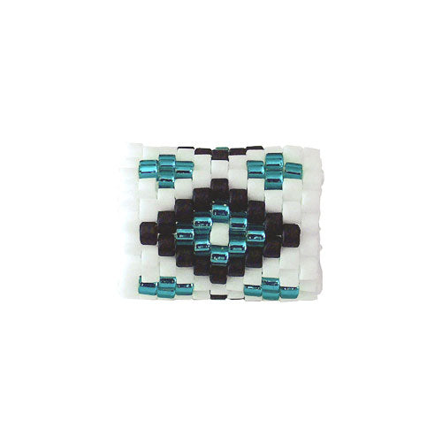 15x11mm Black and Teal Diamonds on White Peyote Stitch Tube Bead