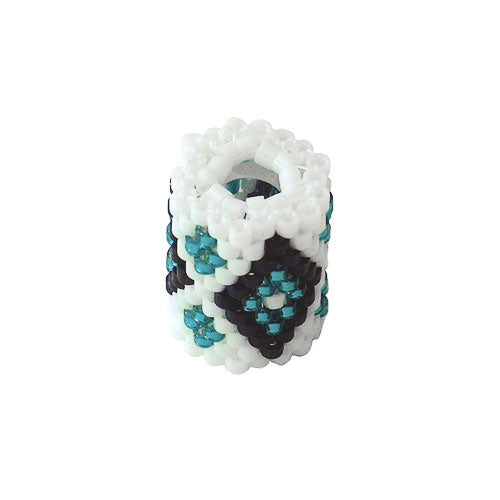 15x11mm Black and Teal Diamonds on White Peyote Stitch Tube Bead