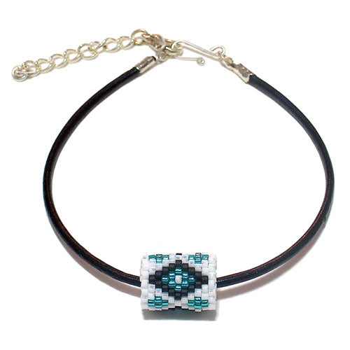 15x11mm Black and Teal Diamonds on White Peyote Stitch Tube Bead