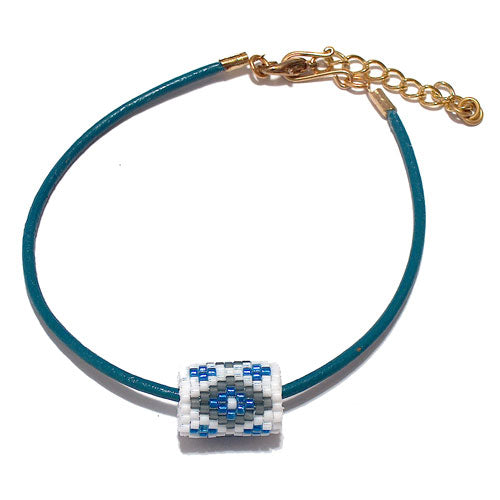 15x11mm Grey and Blue Diamonds on White Peyote Stitch Tube Bead