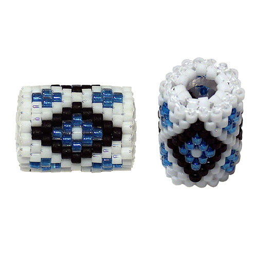15x11mm Black and Blue Diamonds on White Peyote Stitch Tube Bead