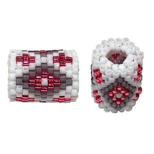 15x11mm Grey and Pink Diamonds on White Peyote Stitch Tube Bead
