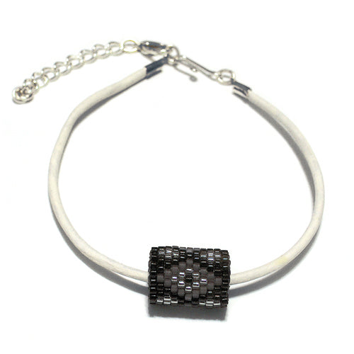 15x11mm Grey and Silver Diamonds on Black Peyote Stitch Tube Bead
