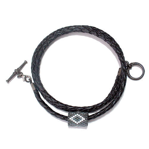 15x11mm White and Silver Diamonds on Grey Peyote Stitch Tube Bead