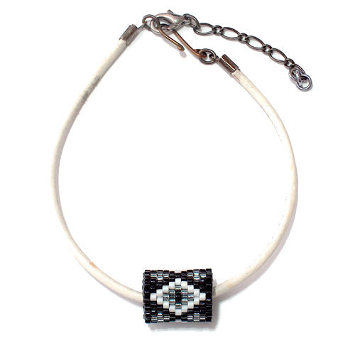 15x11mm White and Silver Diamonds on Black Peyote Stitch Tube Bead