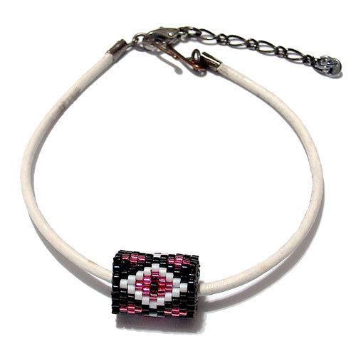 15x11mm White and Pink Diamonds on Black Peyote Stitch Tube Bead