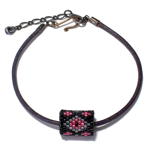 15x11mm Silver and Pink Diamonds on Black Peyote Stitch Tube Bead