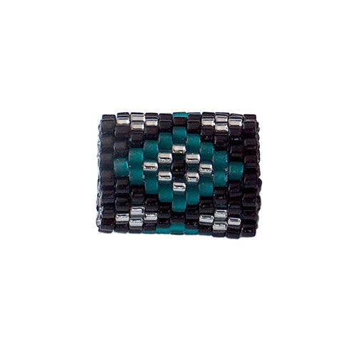 15x11mm Teal Matte and Silver Diamonds on Black Peyote Stitch Tube Bead