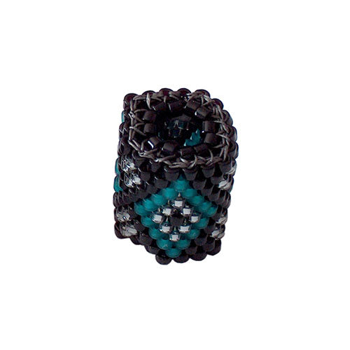 15x11mm Teal Matte and Silver Diamonds on Black Peyote Stitch Tube Bead