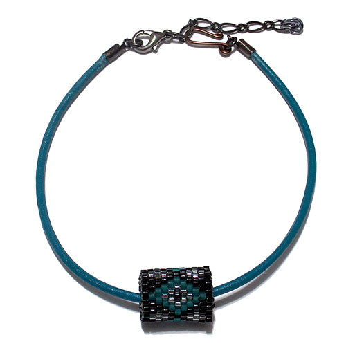 15x11mm Teal Matte and Silver Diamonds on Black Peyote Stitch Tube Bead
