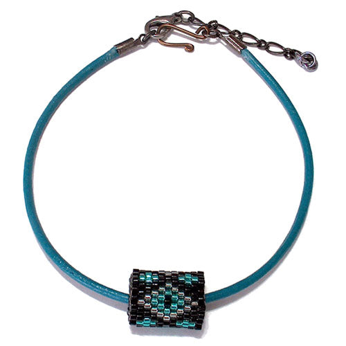 15x11mm Silver and Teal Diamonds on Black Peyote Stitch Tube Bead