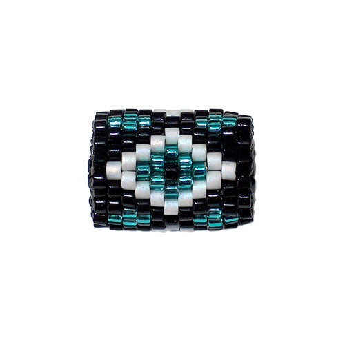 15x11mm White and Teal Diamonds on Black Peyote Stitch Tube Bead